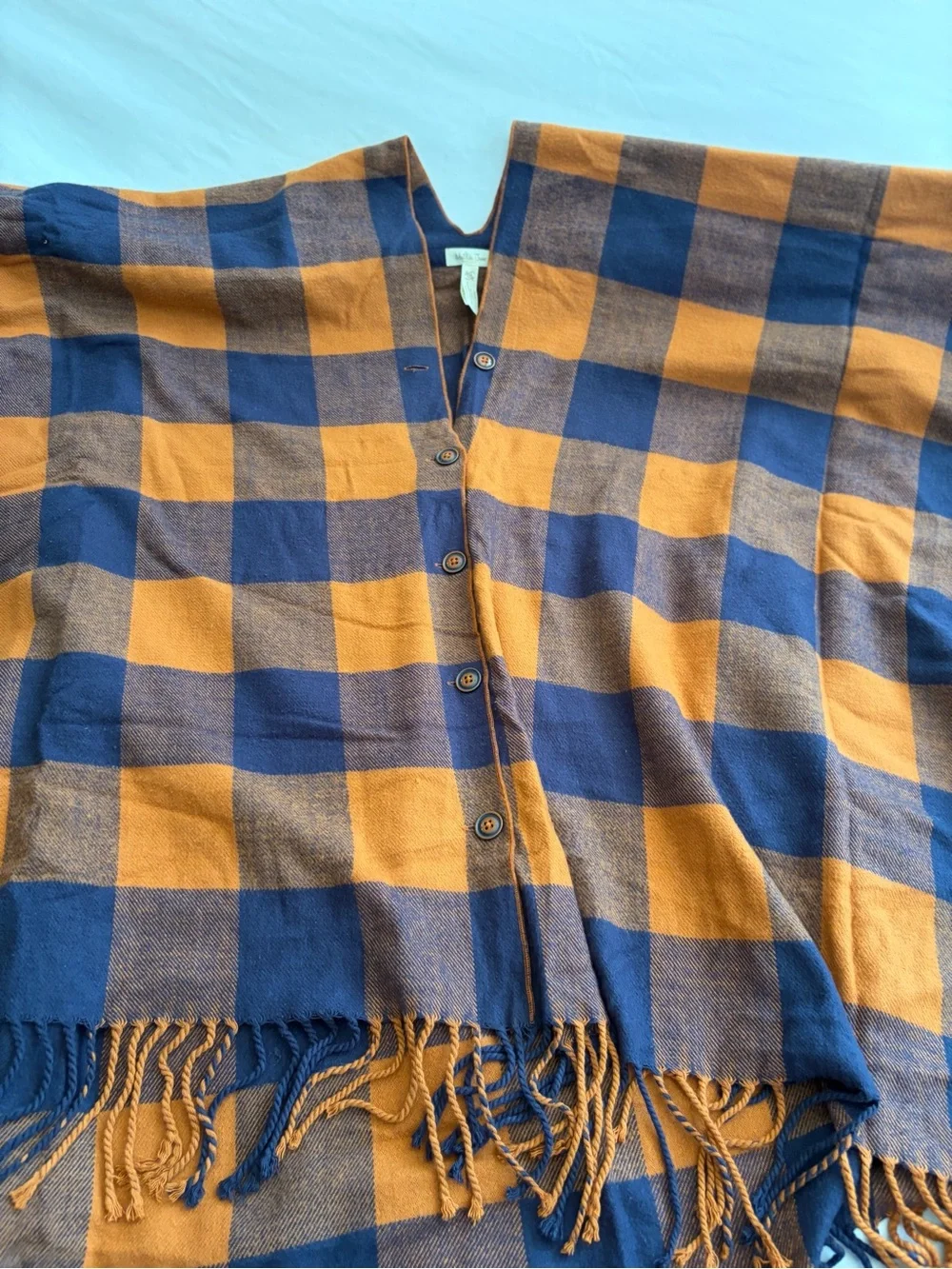 Matilda Jane Warm Sunset Poncho One Size Navy Orange Buffalo Plaid Fringe